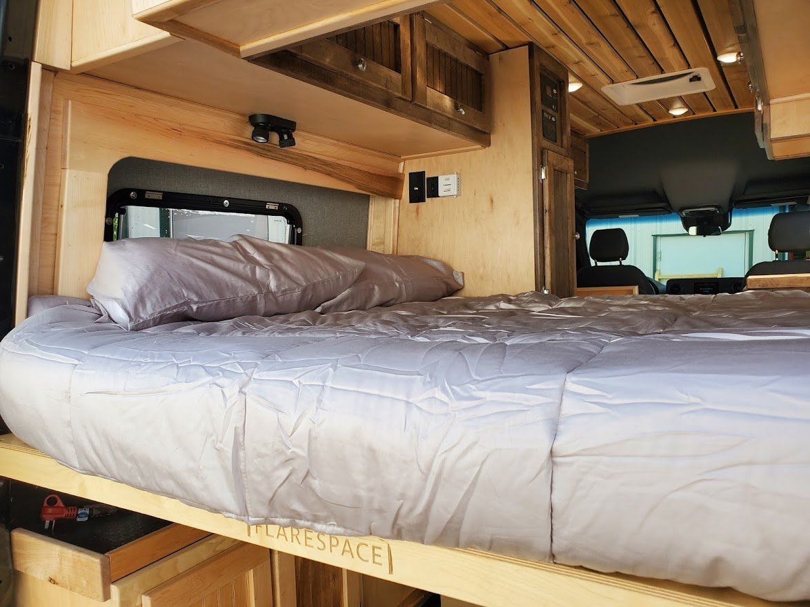 Bed Sheet Inside The Camper Van - Milton, NH - RV Service and R & L Van Builds