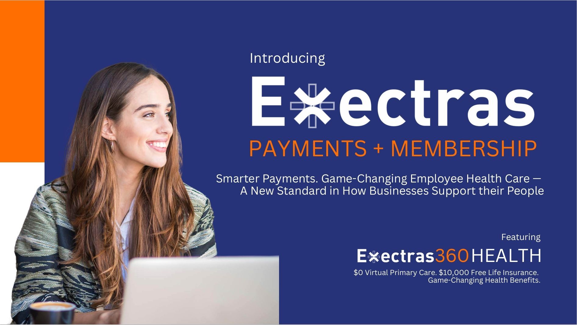 Promotional banner for Extras payments and membership, with a smiling woman using a laptop on a blue background