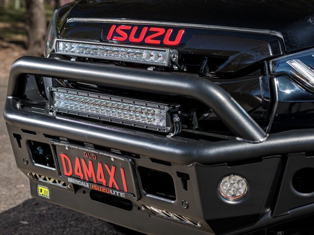Black Isuzu Truck with Led Light Bars Mounted on A Black Bull Bar — Lacey's TJM 4X4 Megastore in Rockhampton City, QLD