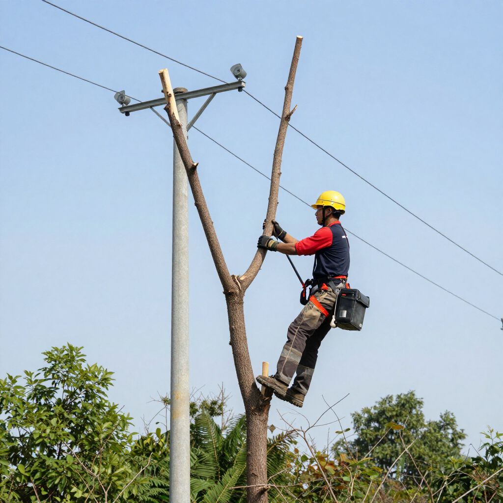 Arborist trimming a tree near power lines; blue sky background.