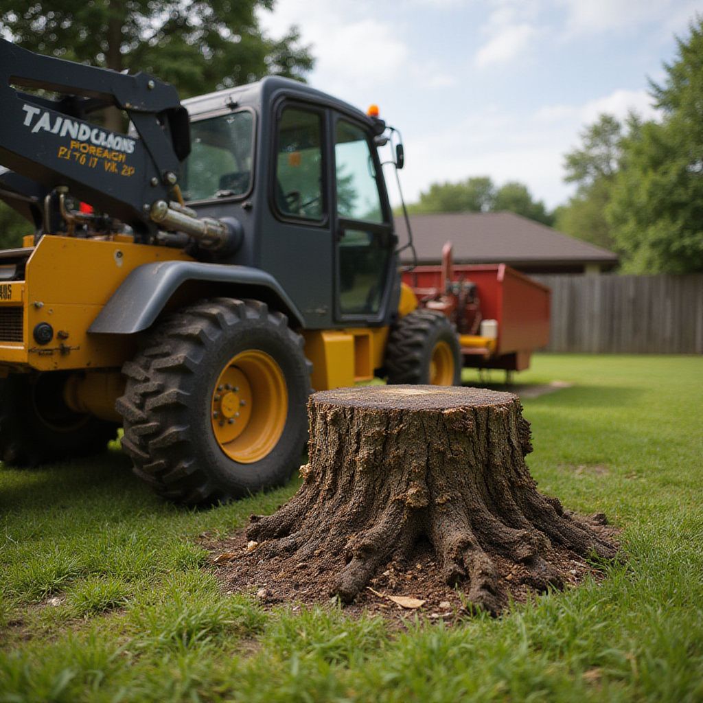 Tree stump in a grassy yard with a yellow and gray loader in the background.