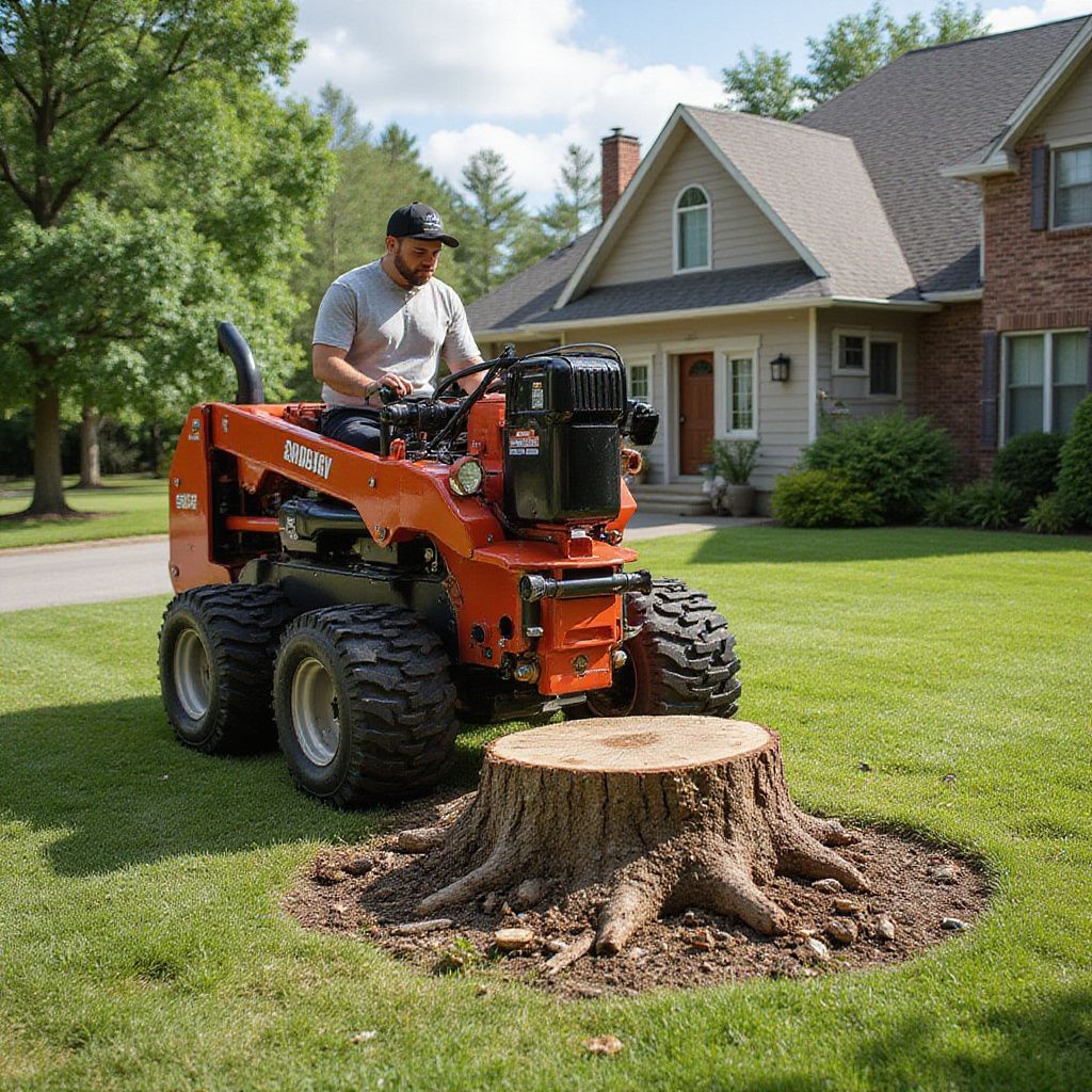 Man operating a stump grinder on a lawn in front of a house.