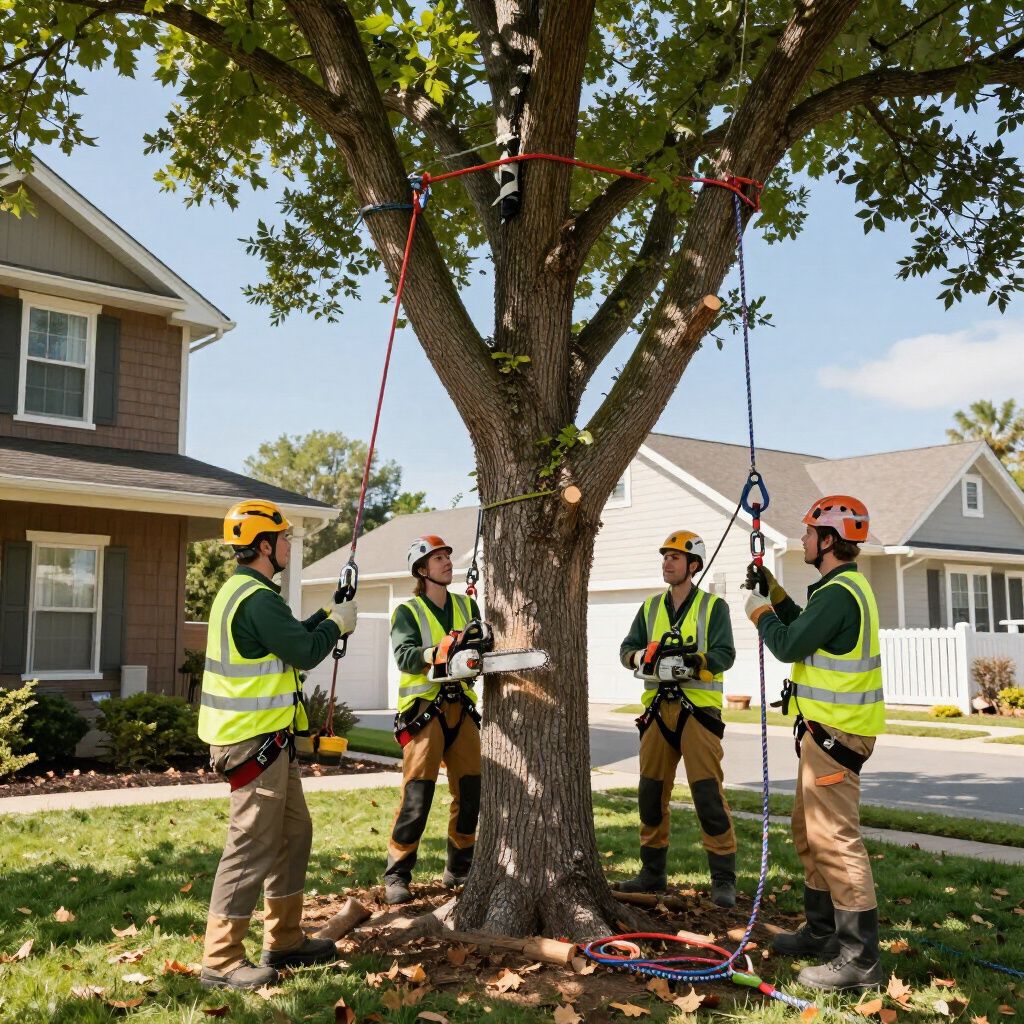 Four tree workers in safety gear trimming a tree in a residential yard; ropes and equipment are set up.