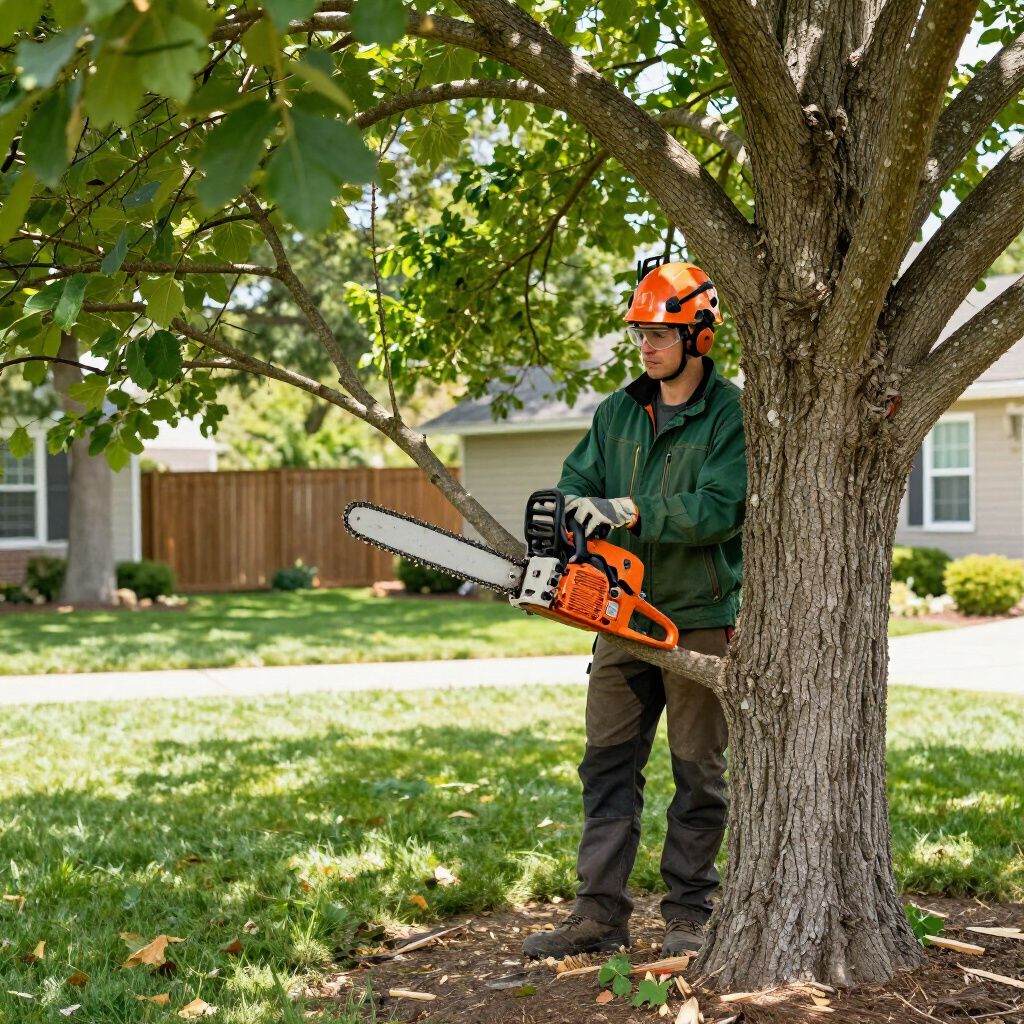 Person wearing safety gear using a chainsaw to trim a tree in a yard.