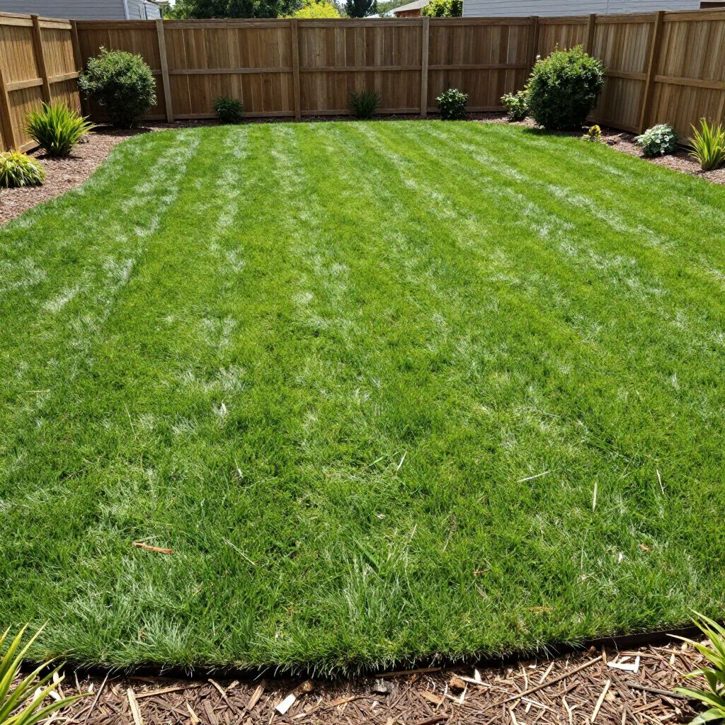 Green, manicured lawn in a backyard, bordered by a wooden fence and mulch beds with plants.