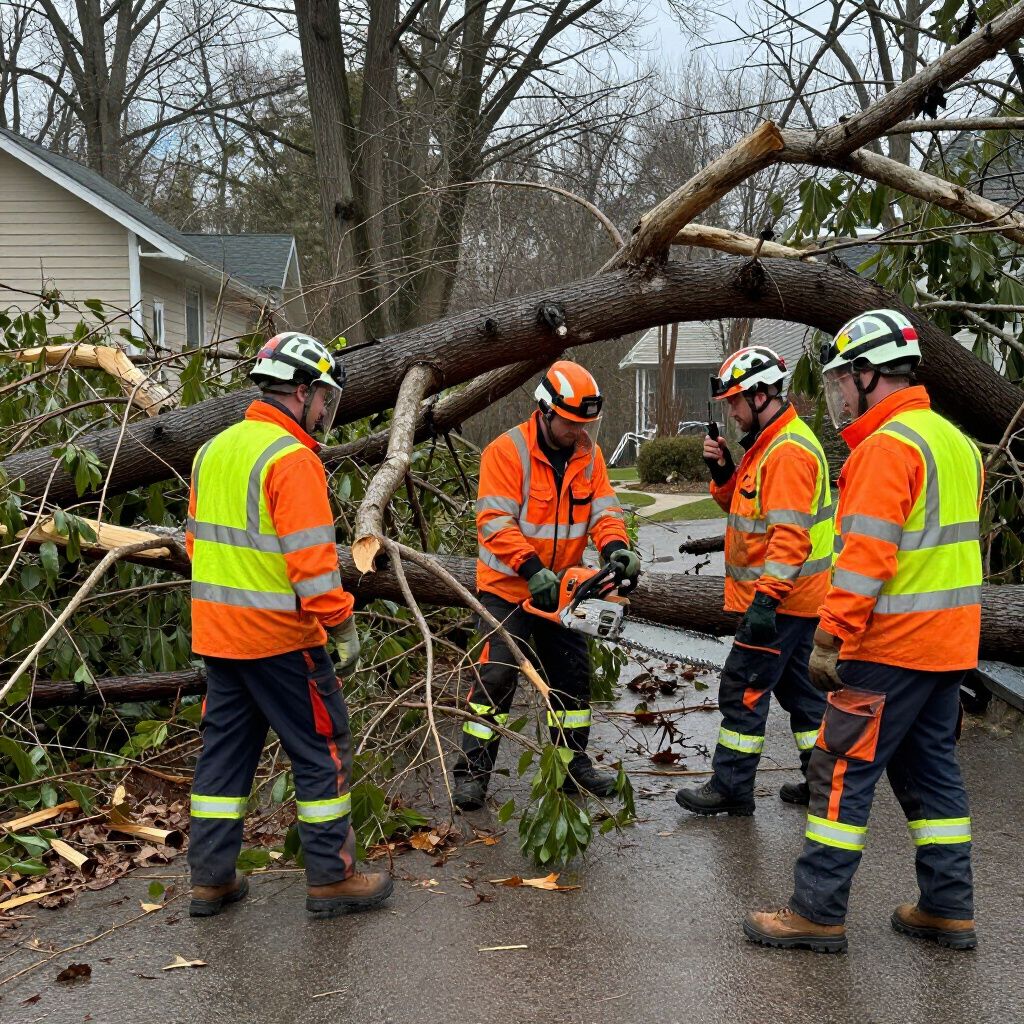 Four people in orange workwear cut a fallen tree on a street. Green and yellow safety vests are visible.