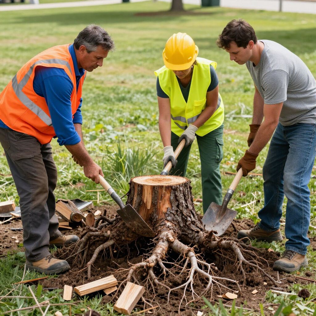 Three people removing a tree stump in a grassy area, using shovels. Two wear safety vests and one a hard hat.