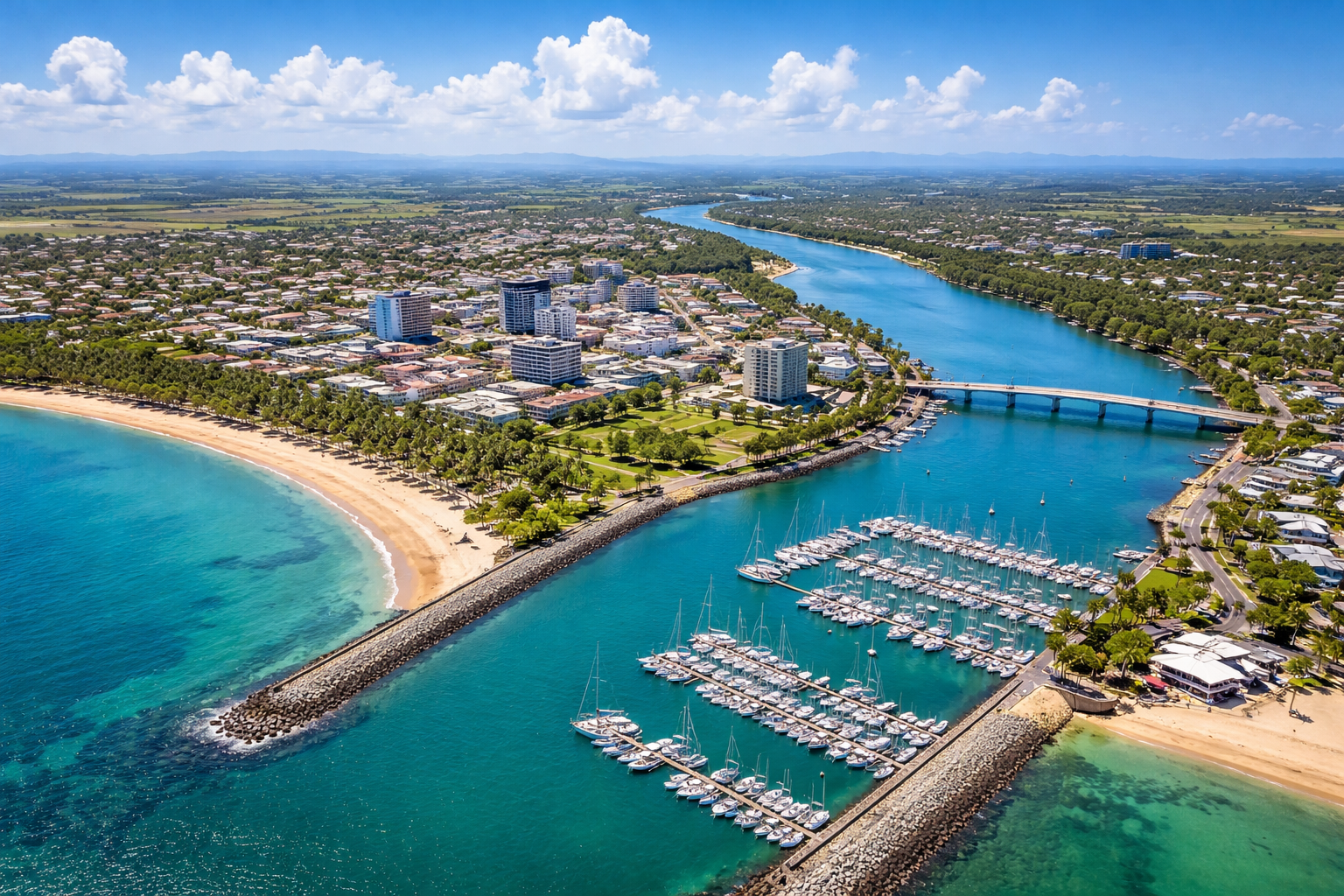 Aerial view of a Mackay Marina with a river flowing into the ocean, marina, and beach on a sunny day.