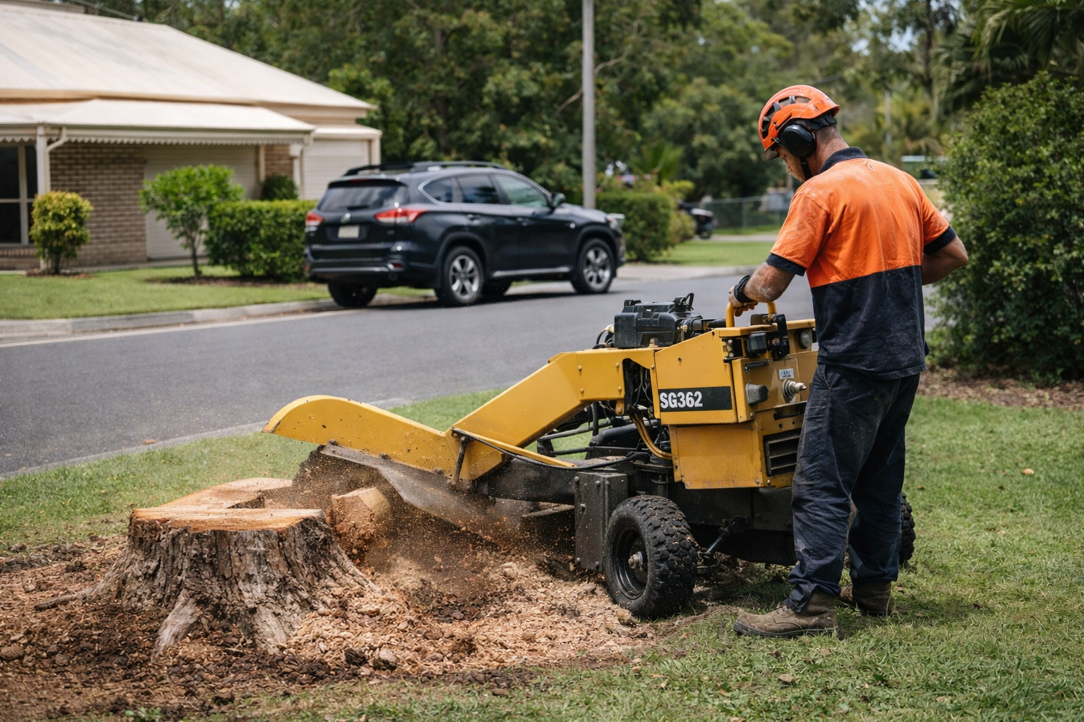 Orange stump grinder grinding a tree stump in Ooralea, house in the background.