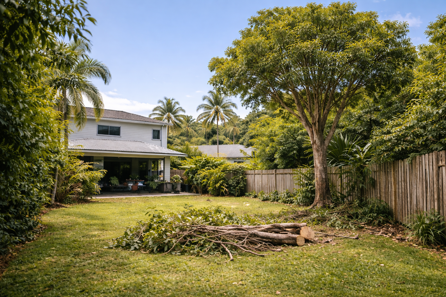 Backyard scene with a house, large tree, wooden fence, and pile of cut branches in Andergrove