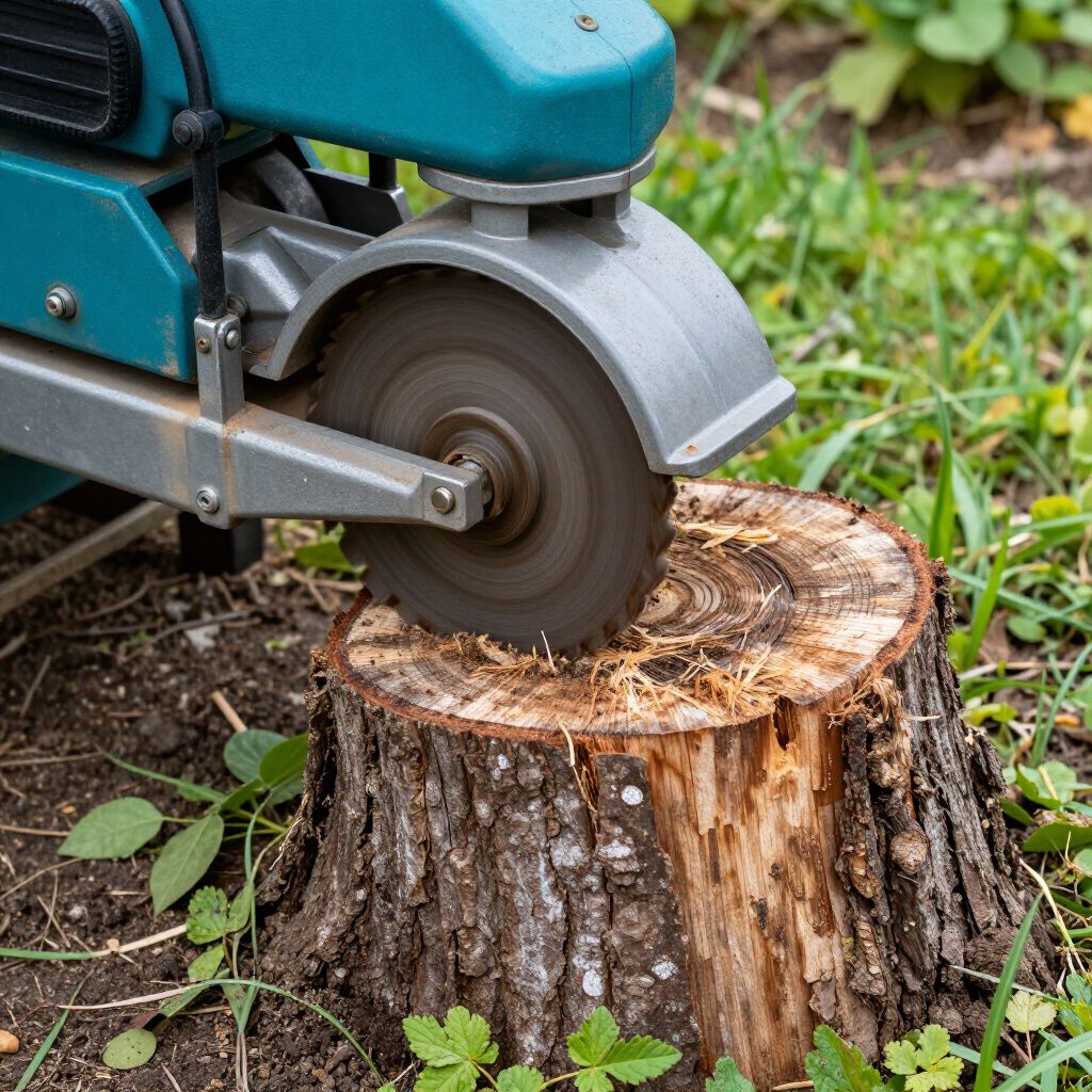 Stump grinder grinding down a tree stump in a grassy area.