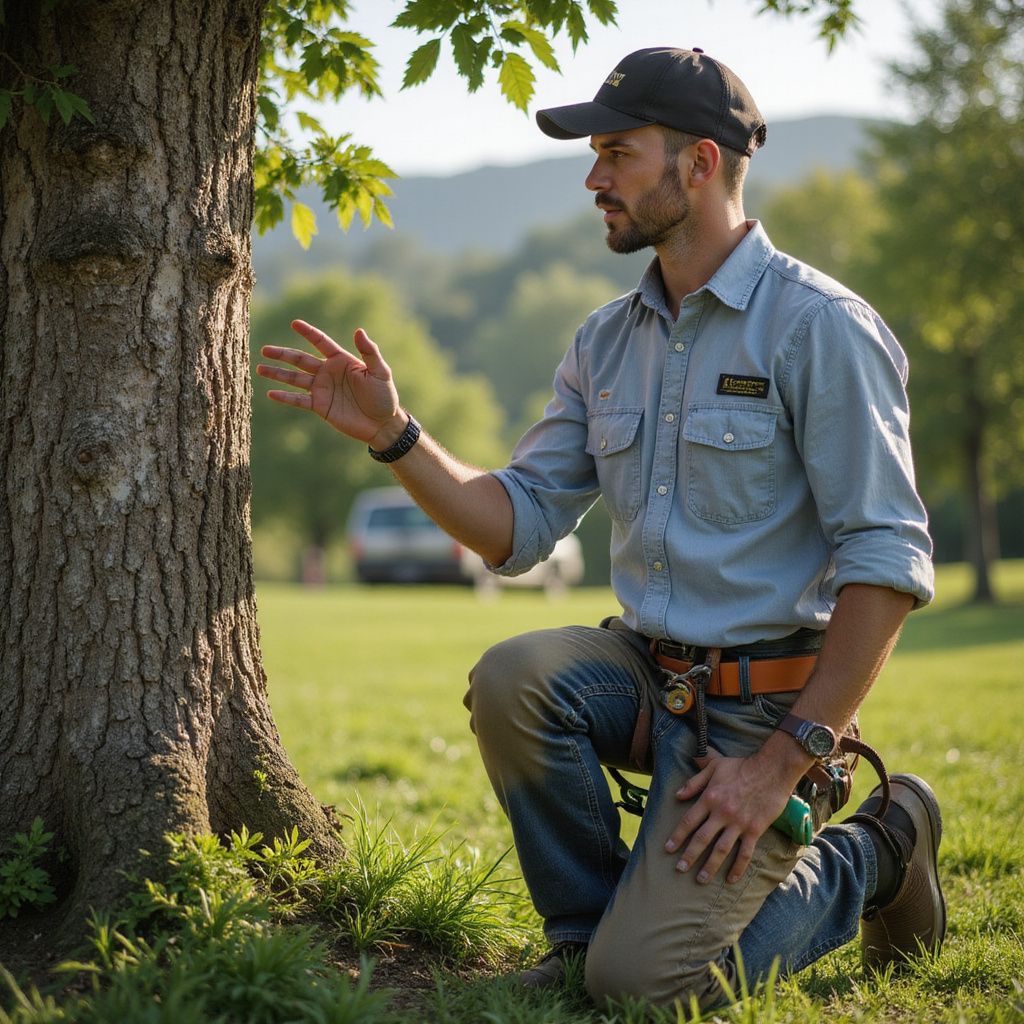 Man kneeling next to a tree, gesturing. He wears a hat, work clothes, and a harness; outdoors.
