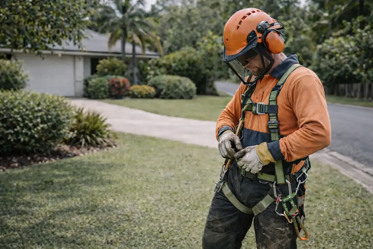 A worker wearing a safety helmet and harness adjusting their gear while standing on a lawn in a residential neighborhood.
