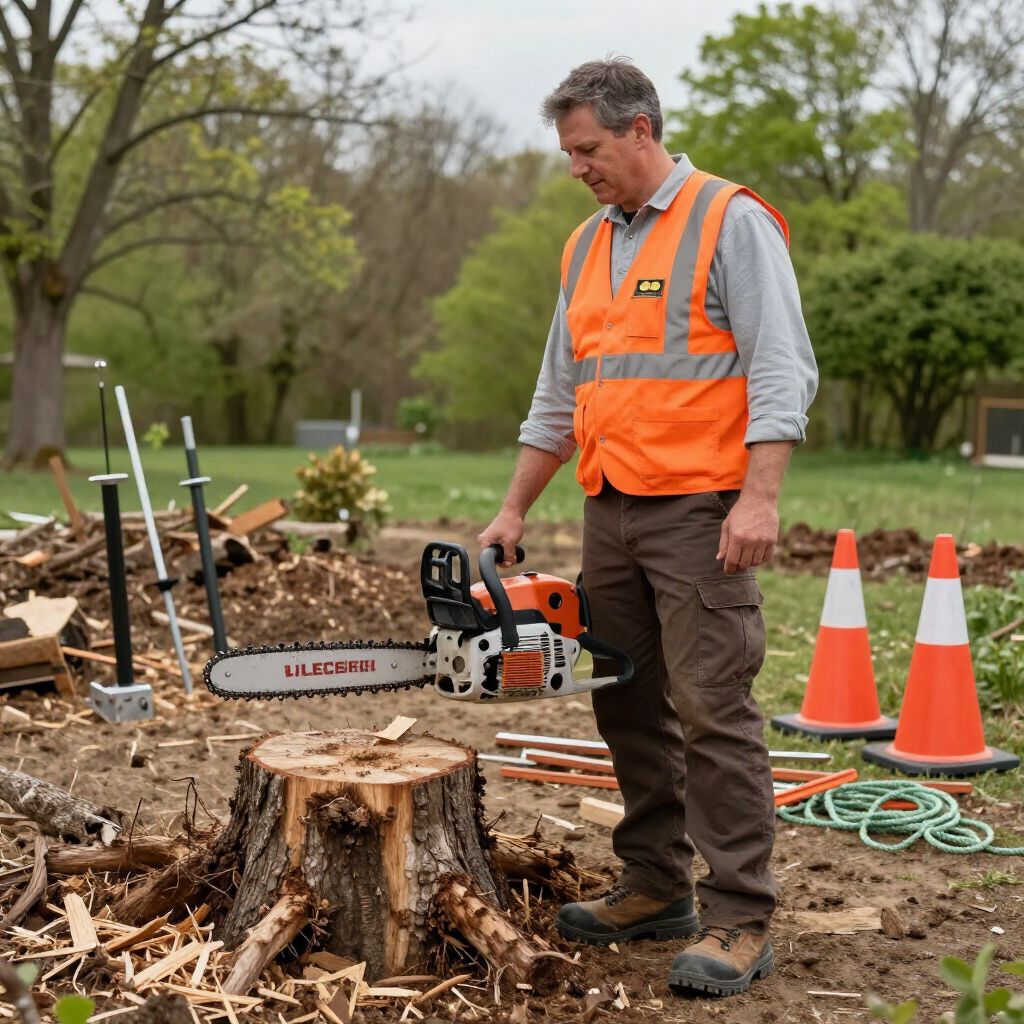 Man in orange vest holding a chainsaw, standing over a tree stump. Outdoors, sunny.