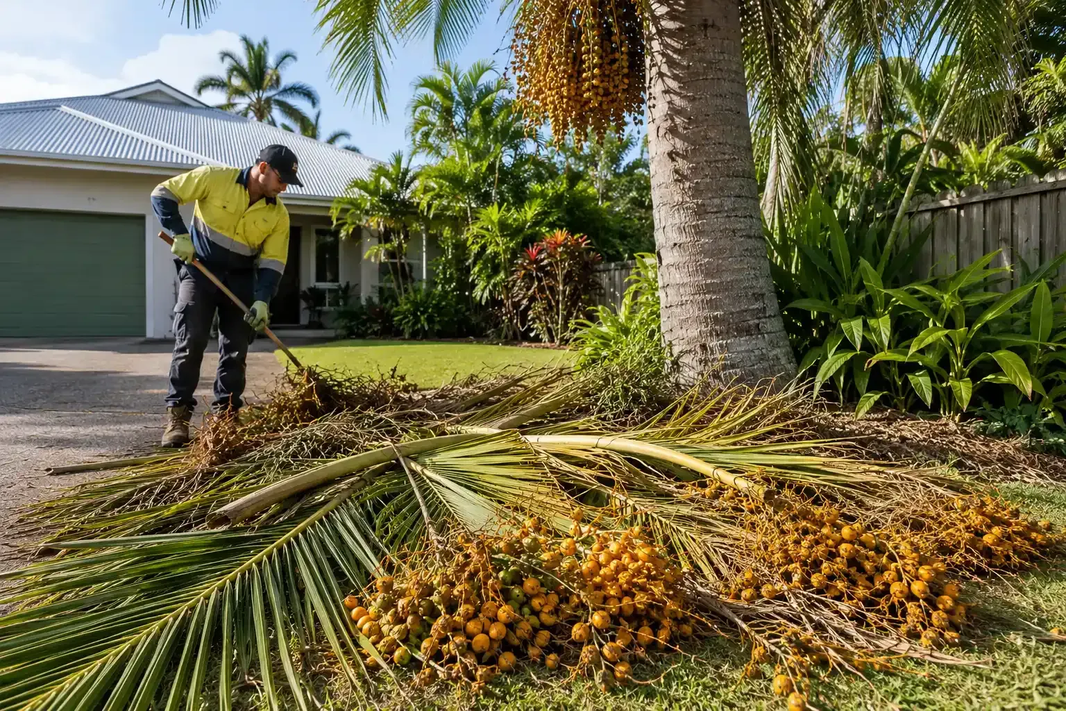Cleaning up palm fronds and seed pods during routine maintenance on a large Cocos Palm in Mackay.