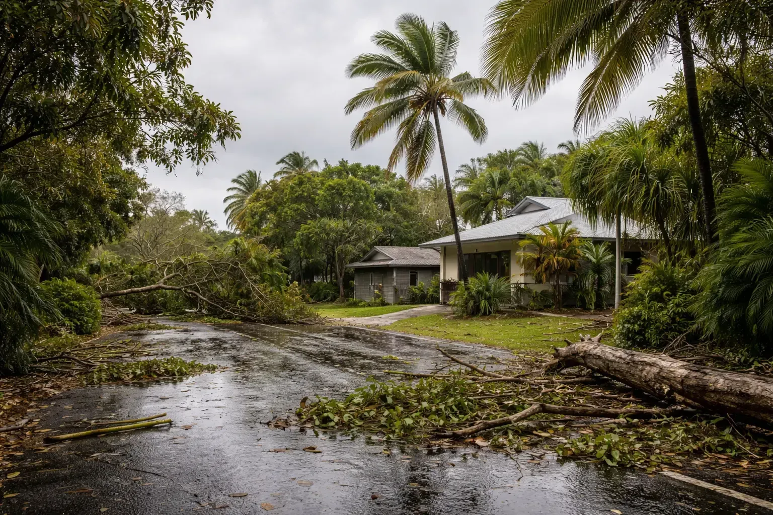 Fallen trees after a Cyclone. Storm clean-up required in Mackay