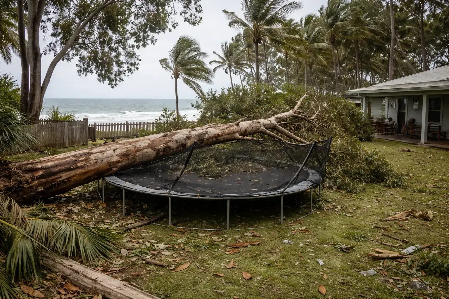 A large fallen tree across a trampoline following a storm in Mackay