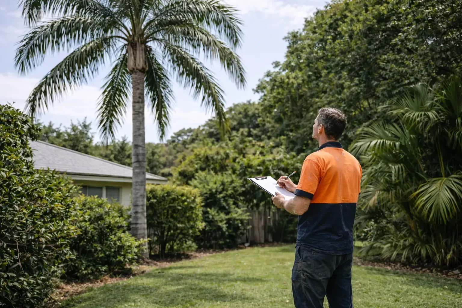 Writing a free tree removal quote in a backyard in North Mackay.