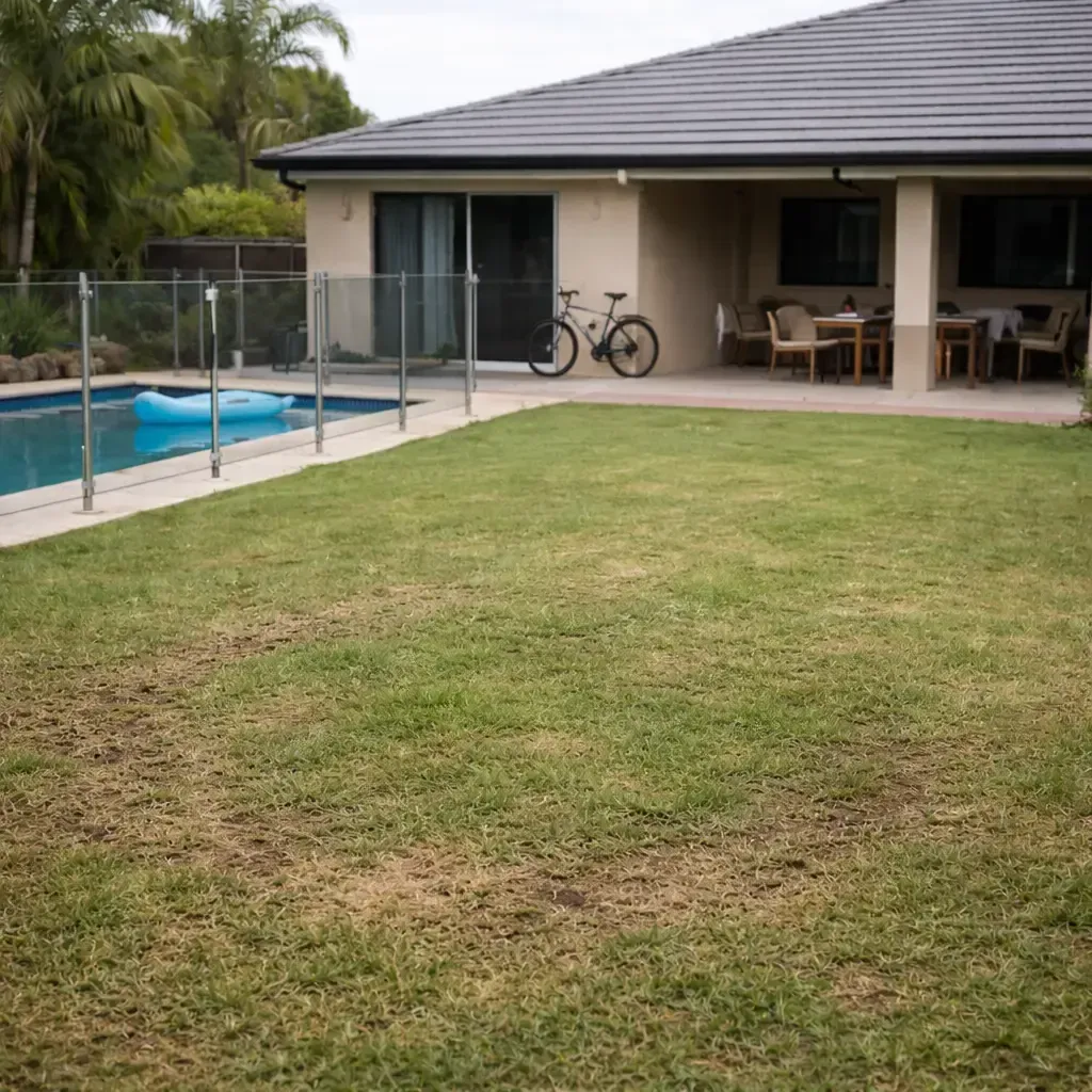 Cleared lawn several months after a stump removal. Grass recovering in Mackay