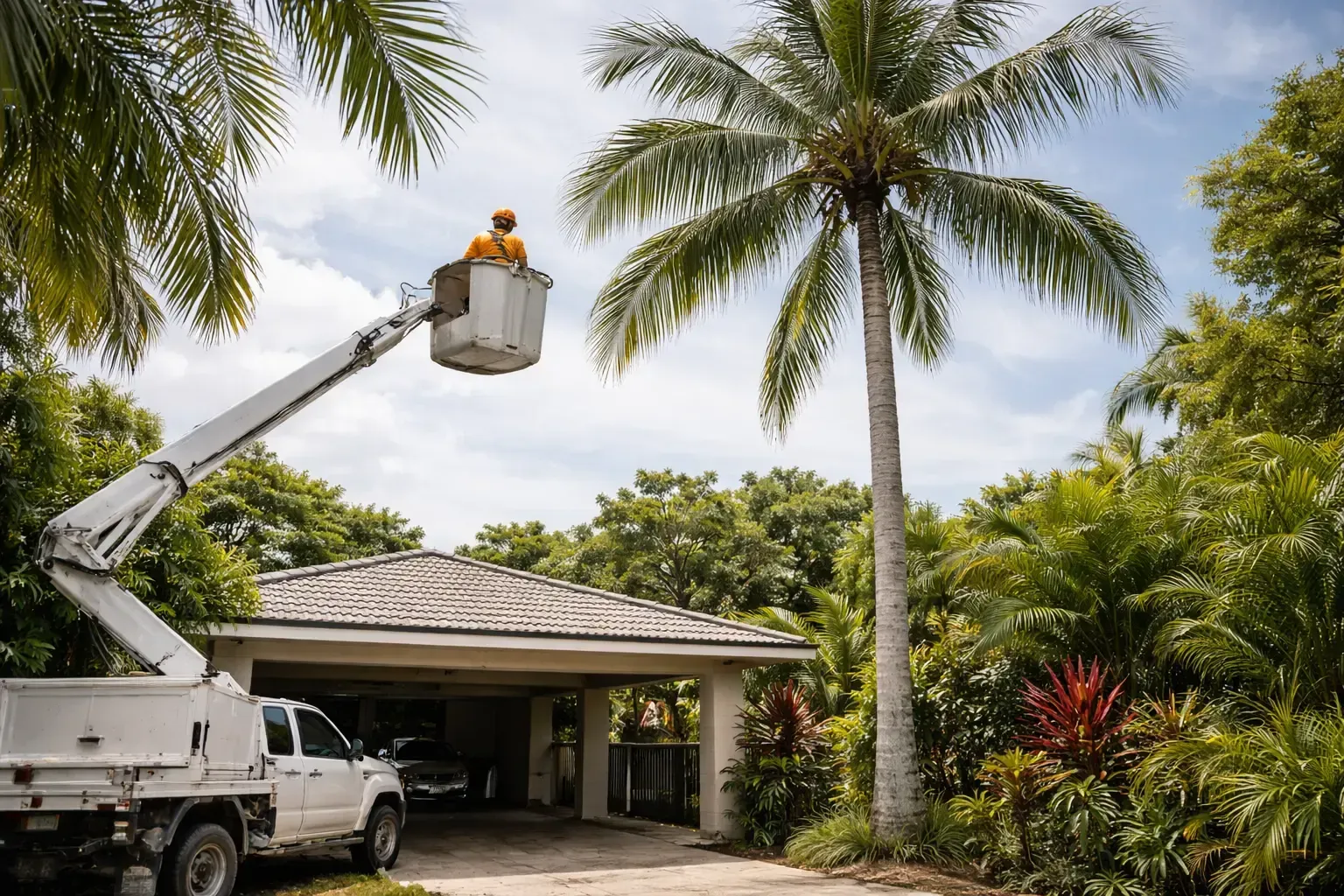 A worker in a cherry picker lift is positioned to start a palm tree removal in North Mackay.