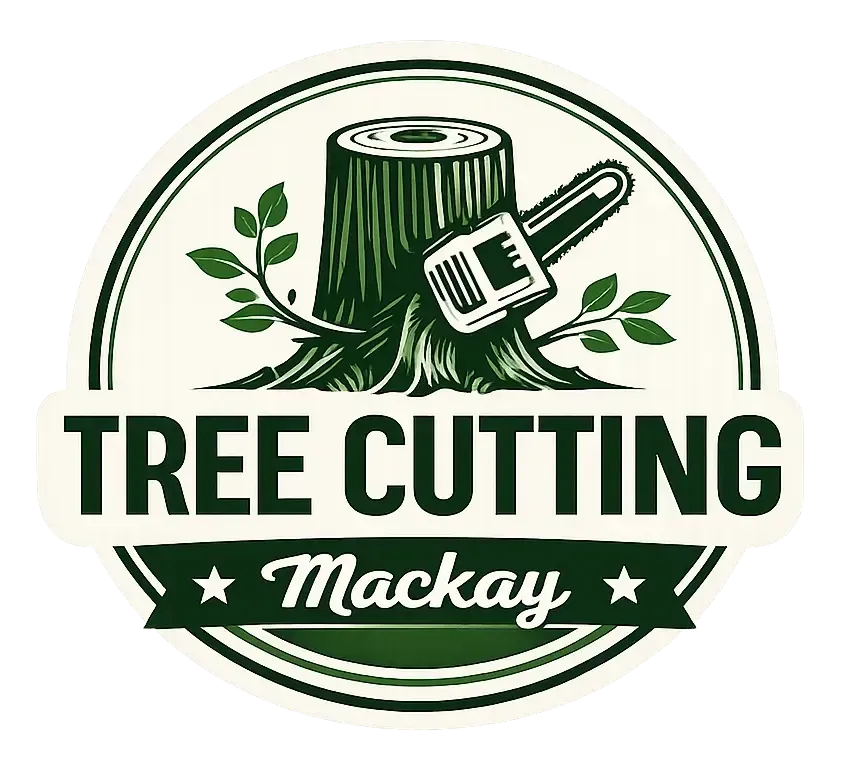 Logo for Tree Cutting Mackay: a tree stump, chainsaw, and text.