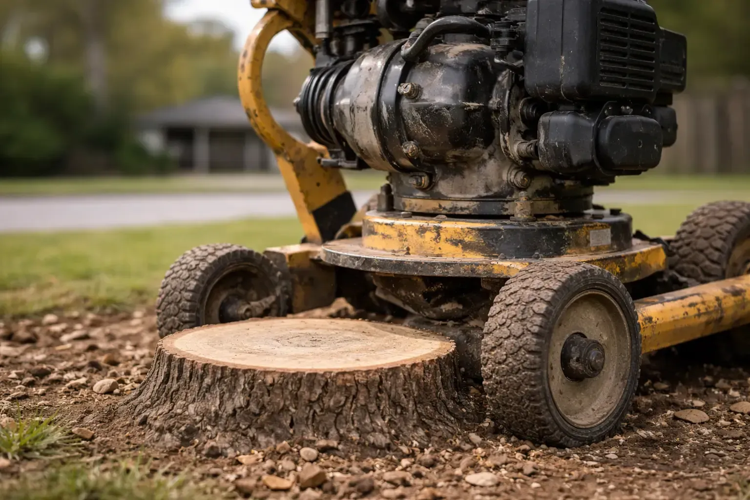 Yellow stump grinder grinding a tree stump in a front yard in East Mackay.