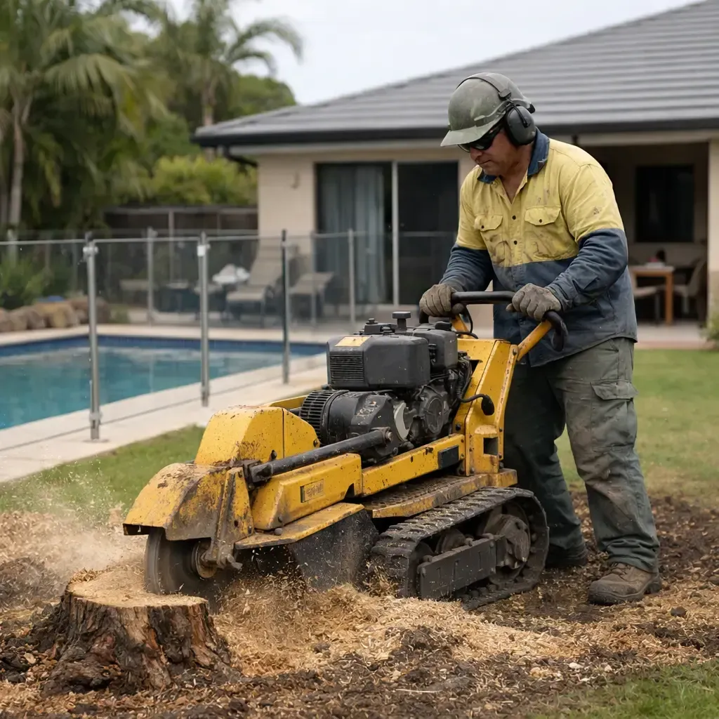 Man using a yellow stump grinder on a tree stump near a pool. Residential yard in Rural View, QLD.