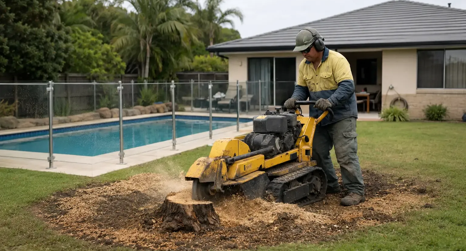 Before image of a worker grinding the stump of a recently removed tree in a Mackay yard.
