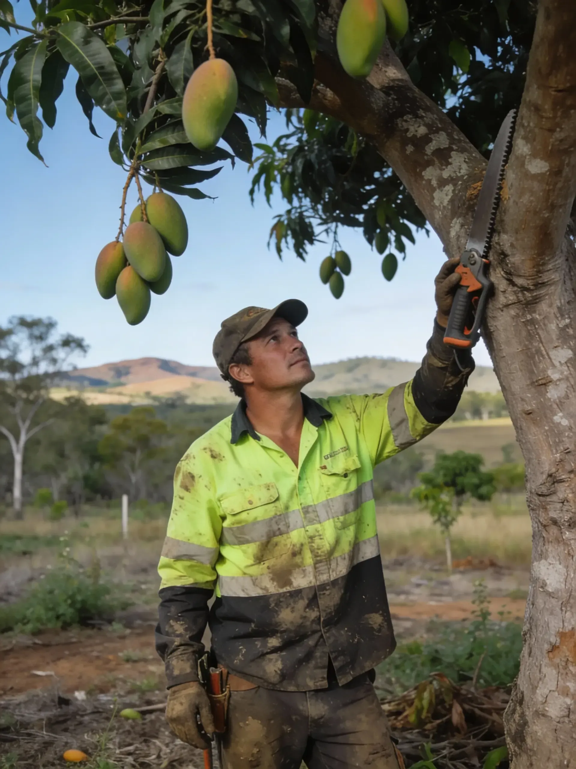 Man pruning a mango tree with a saw, outdoors in a rural Central QLD setting.