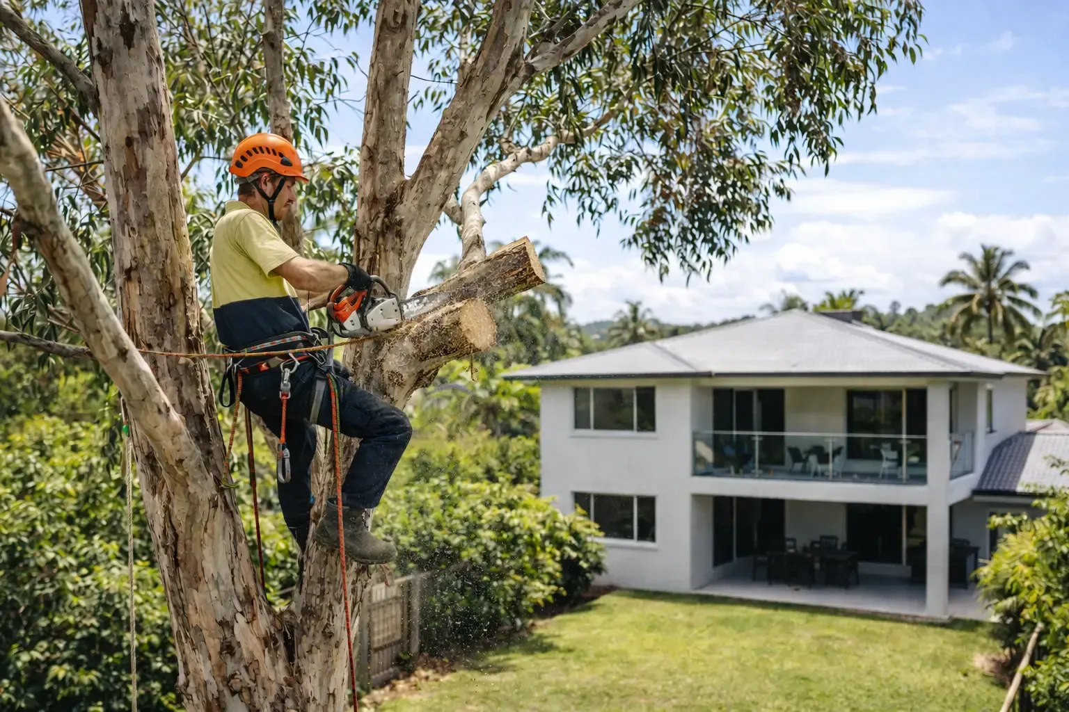 Arborist in orange helmet and safety harness lopping branches in a residential yard in Rural View.