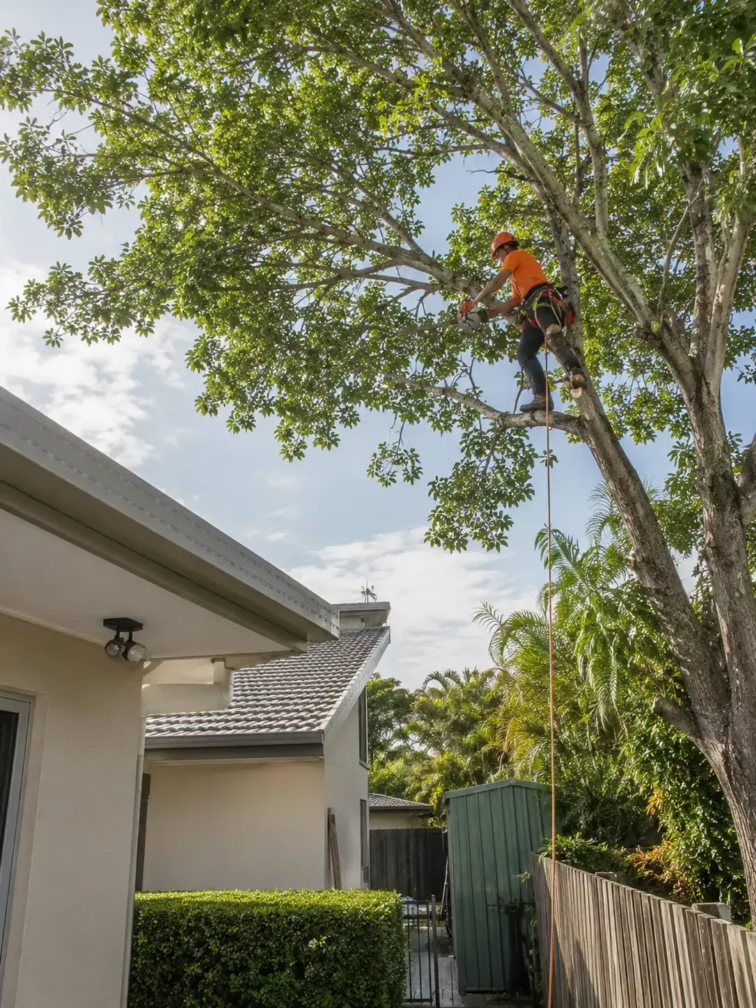 Pruning overgrown tree canopy over a house in Mackay