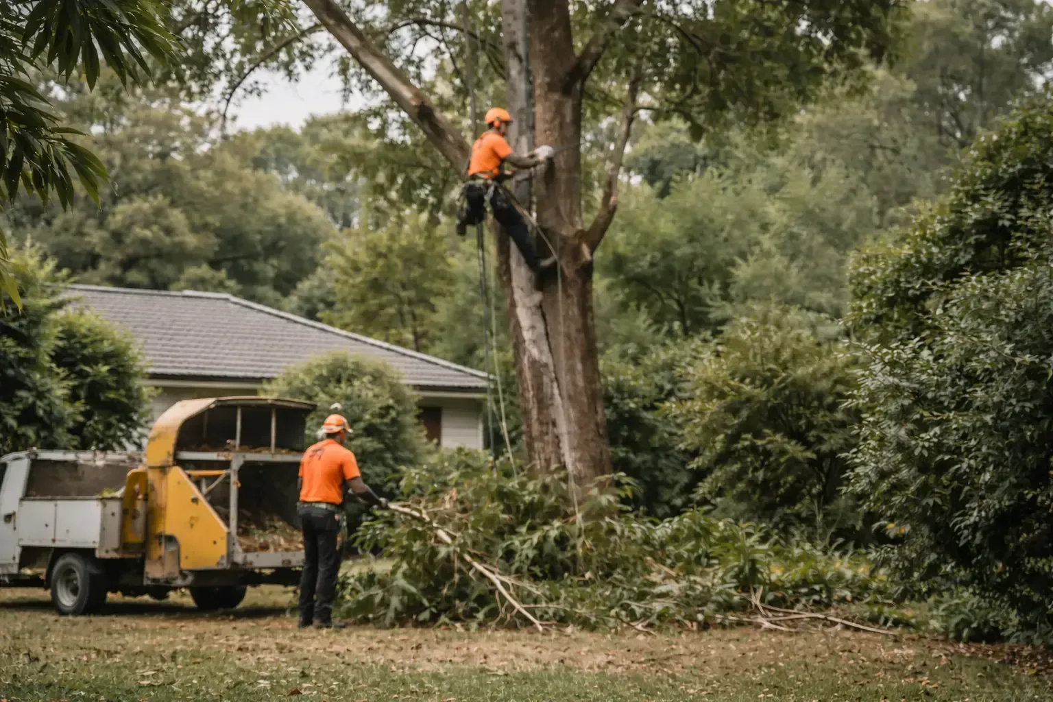 Two workers perform tree removal, one cutting from the trunk while the other operates a wood chipper in Glenella, Mackay