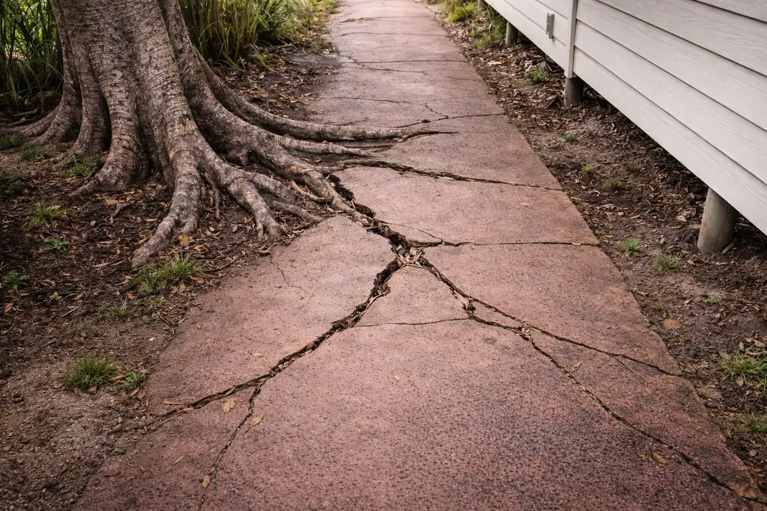 A cracked concrete walkway severely buckled and lifted by large, encroaching tree roots beside a house in Ooralea, Mackay