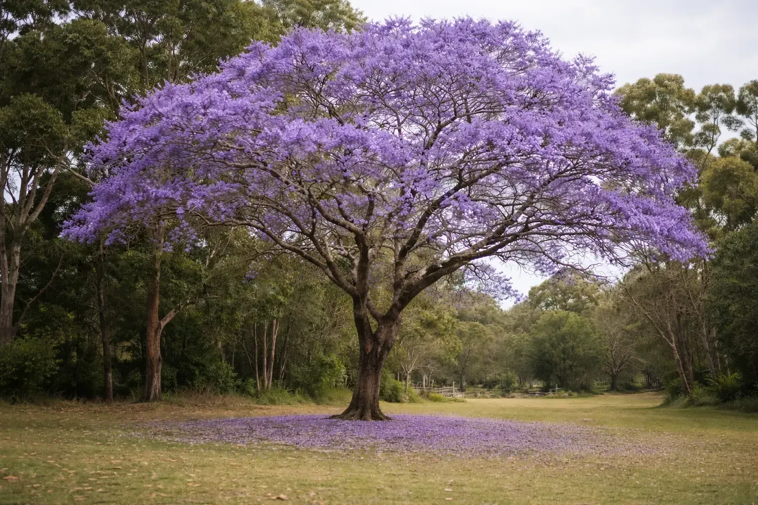 Purple jacaranda tree in bloom, after Selective Thinning surrounded by fallen blossoms on a grassy lawn near Mackay.