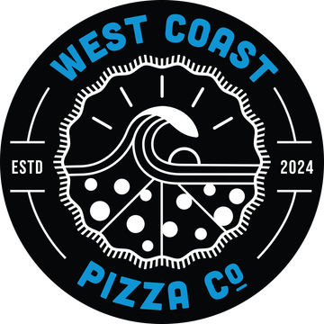 Circular logo: West Coast Pizza Co. with pizza slice design, wave graphic, and blue and white text on black background.