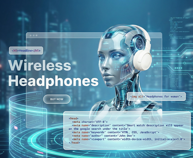 A futuristic cyborg with headphones in a transparent interface advertising wireless headphones.