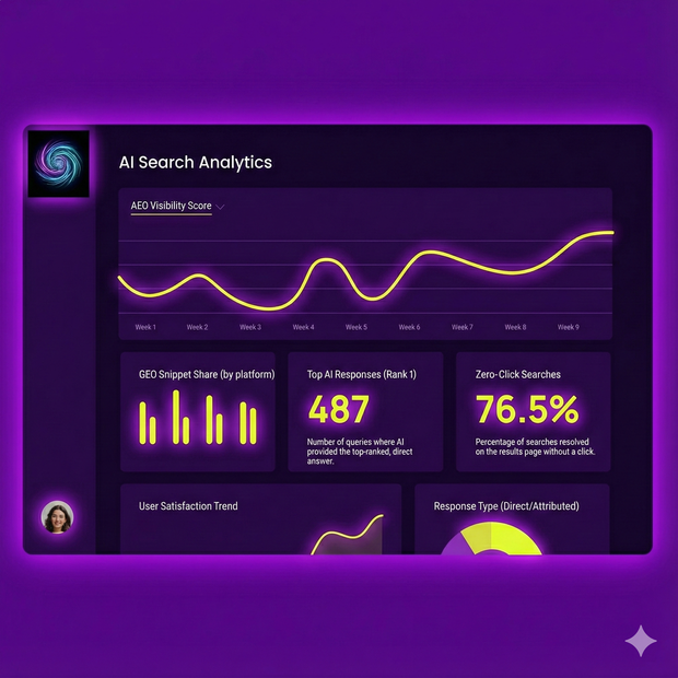 AI search analytics dashboard with purple and yellow graphs and data displays.