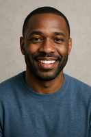 Portrait of Tarence Jones, a business owner wearing a navy t-shirt with a gray wall in the back.
