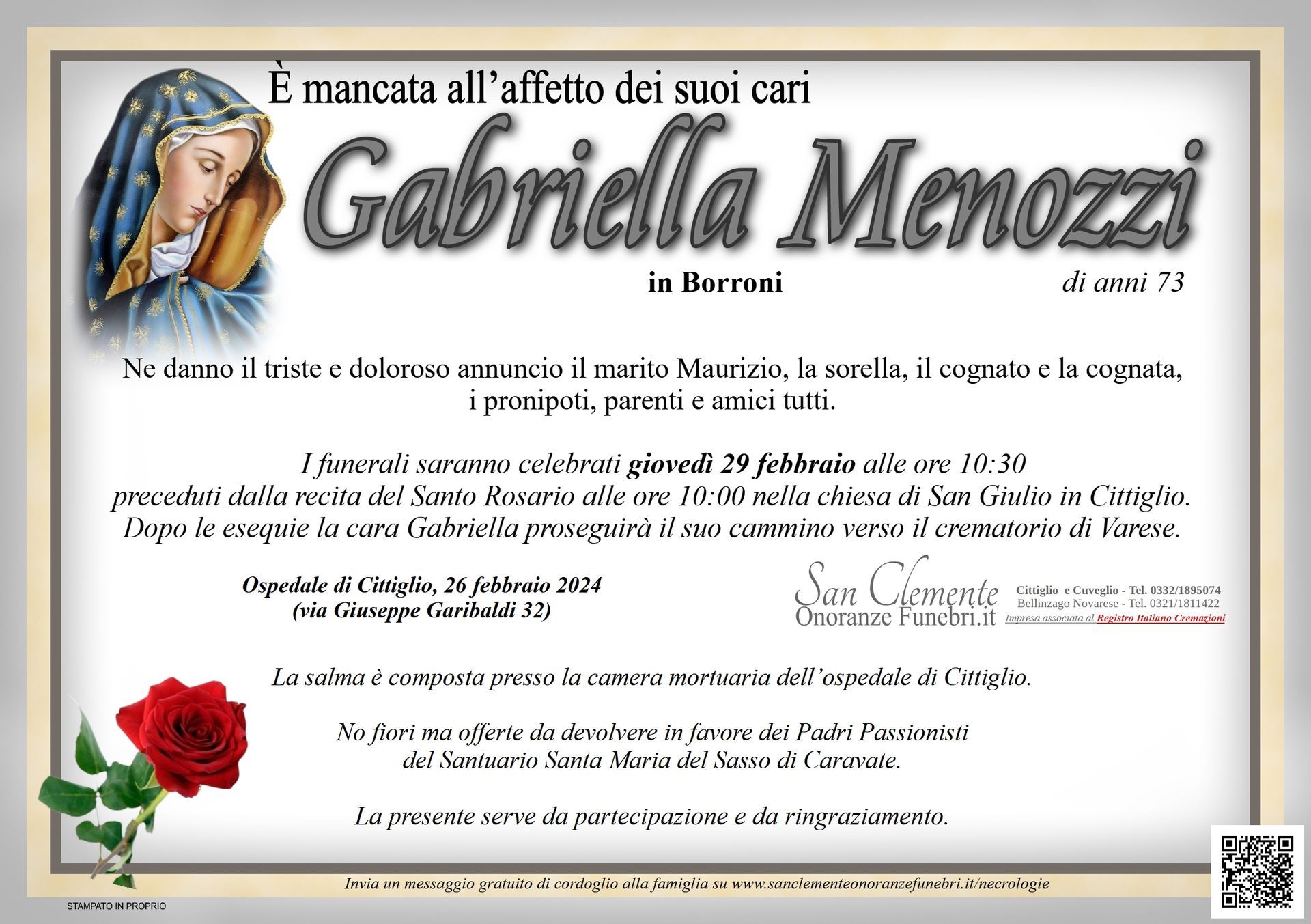 Necrologio Gabriella Menozzi in Borroni