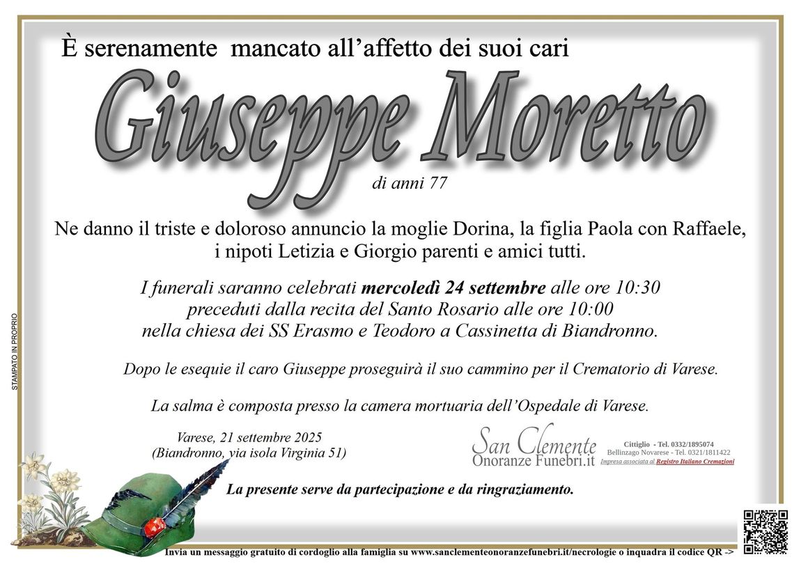 Moretto, Giuseppe, cassinetta, Volpin dorina, san clemente, cittiglio, caravate, sangiano, laveno, mombello, cerro, reno, leggiuno, ballarate, monvalle, gemonio, cocquio trevisago, gavirate, azzio, orino, brenta, casalzuigno, cuveglio, cuvio, rancio valcuvia, cassano valcuvia, luino, varese, impresa funebre, onoranze funebri, pompe funebri, defunto, necrologi, necrologie, funerale, funebre, defunto,