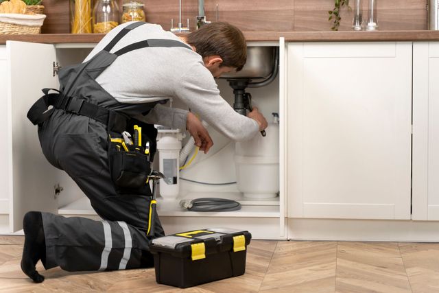 Plumber kneeling under kitchen sink, working on pipes. Tool belt and toolbox visible.