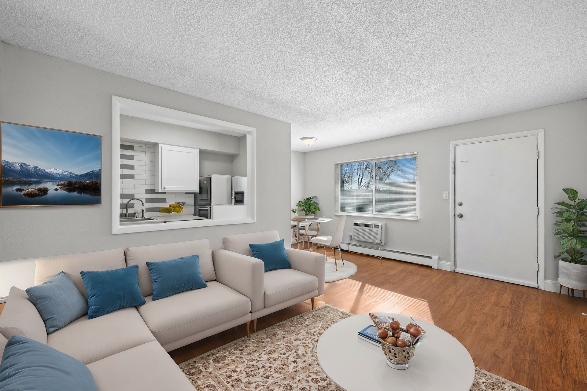 Photo of a living room with the front door in the background