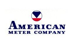 Logo for American Meter Company: Navy blue text with a circular graphic featuring blue, white, and red elements.