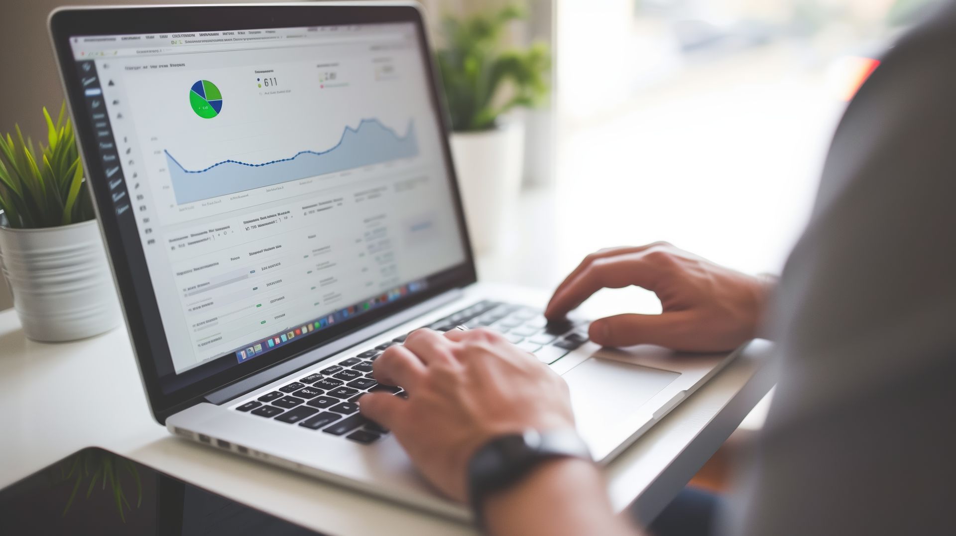 Person working on a laptop, viewing charts and graphs. Indoor setting, hands on keyboard, plants nearby.