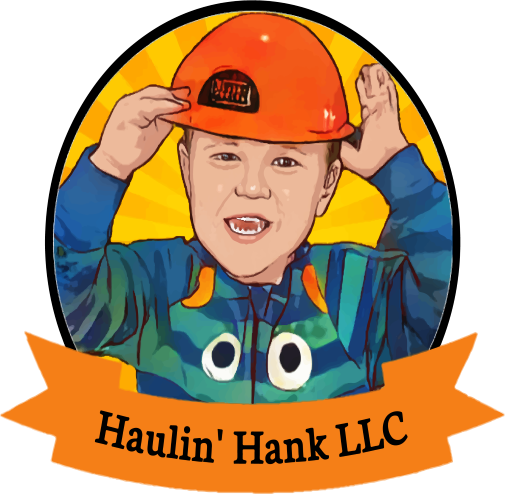 A logo for haulin ' hank llc shows a young boy wearing an orange hard hat