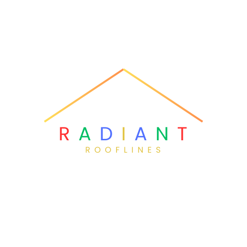 A logo for radiant rooflines with a rainbow colored roof