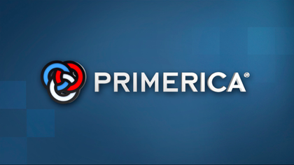 The logo for primerica is on a blue background