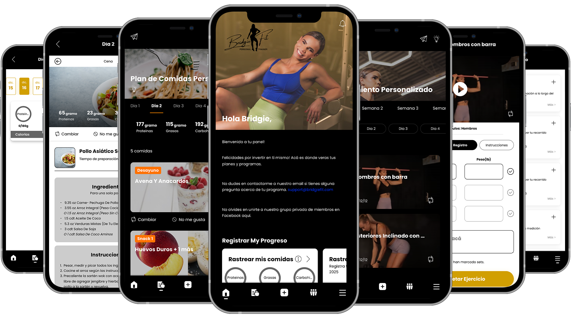 Screenshots of a fitness app, featuring workout videos, nutritional recipes, and user interface. Bridgie Fit