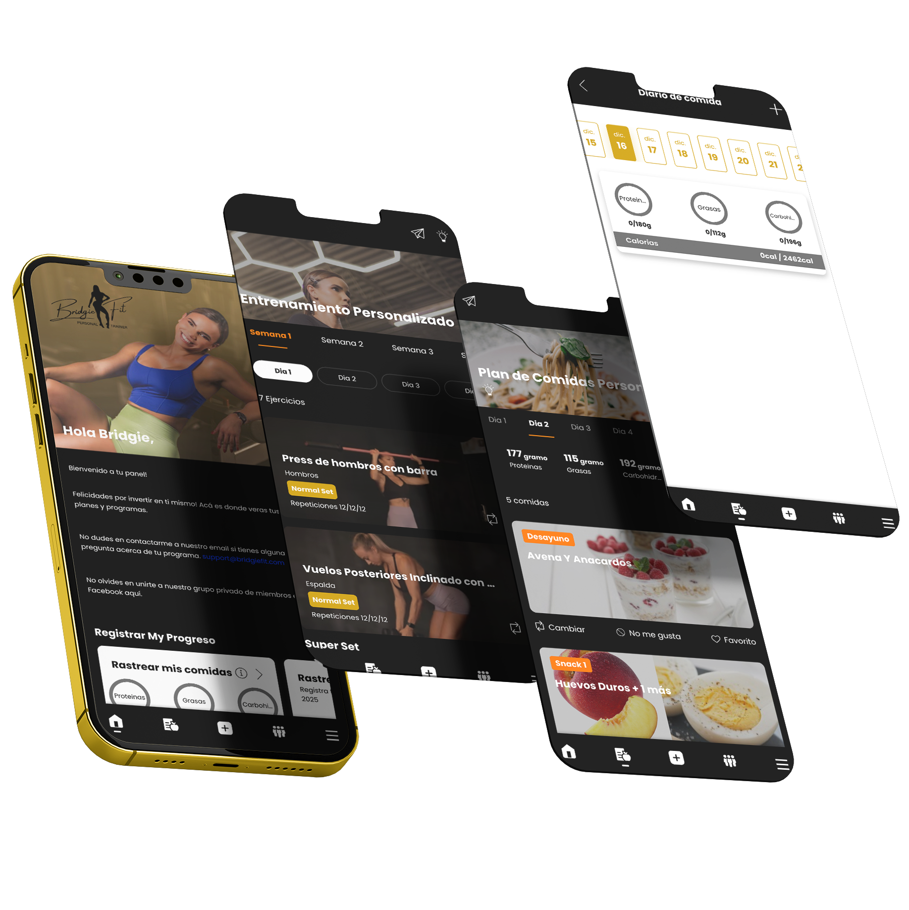 Four smartphones showing a fitness app interface; yellow phone in foreground. Bridgie Fit