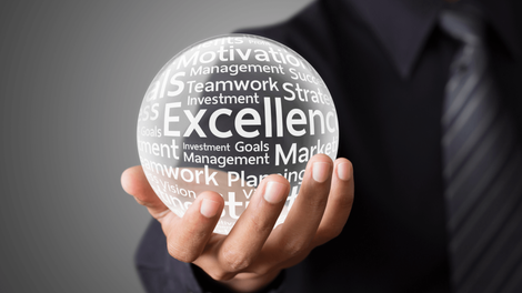 Businessman hand showing excellence word in crystal ball